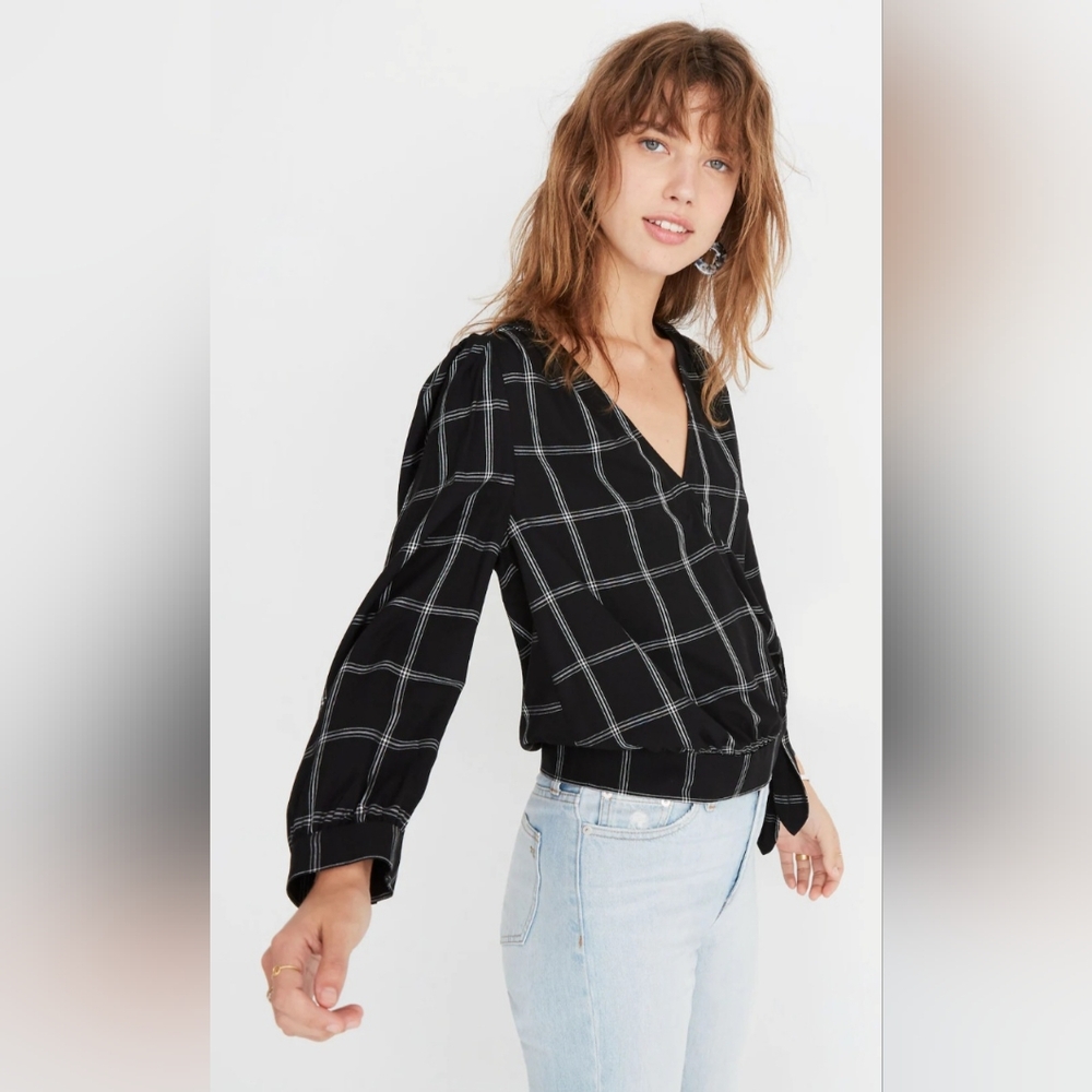 Madewell Wrap Top Windowpane Plaid Black White Cropped V Neck 3/4 Sleeve Small